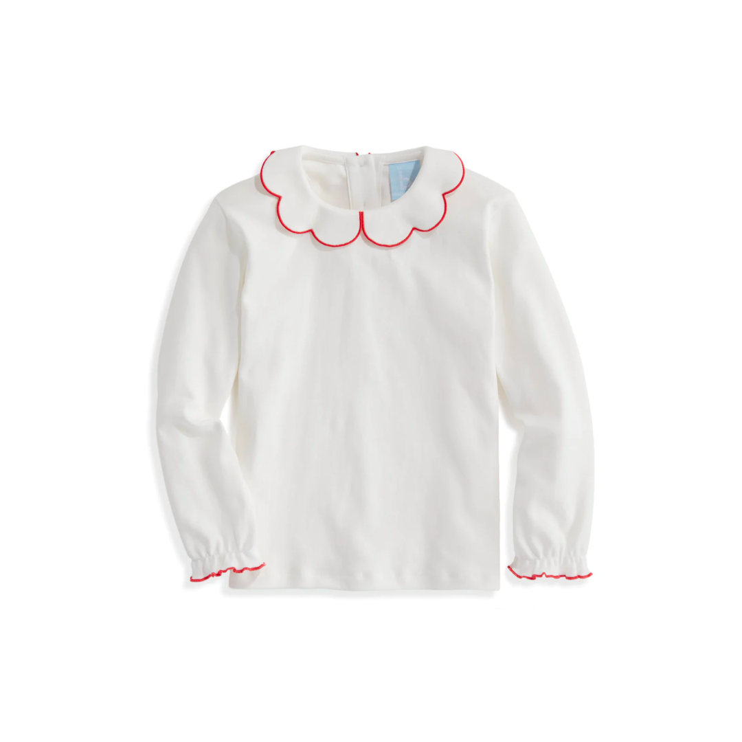 Long Sleeve Red Pima Scallop Collar Tee