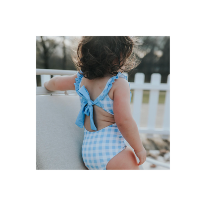 Blue gingham bow back swimsuit