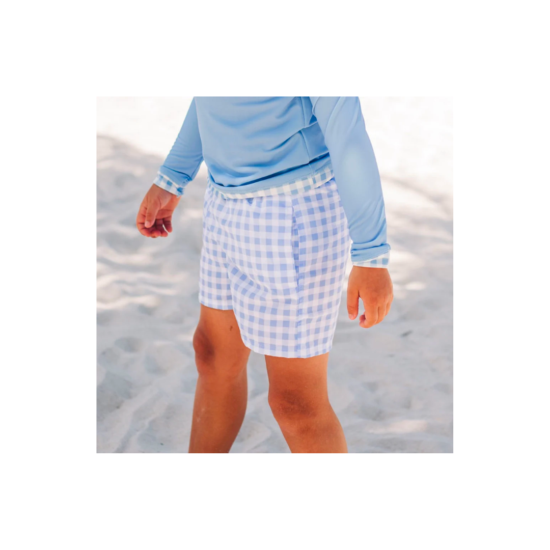 Blue gingham swim trunks